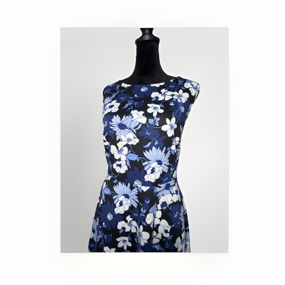 Talbots Fit & Flare Black Blue Floral Knee Length Sleeveless Dress Size 6